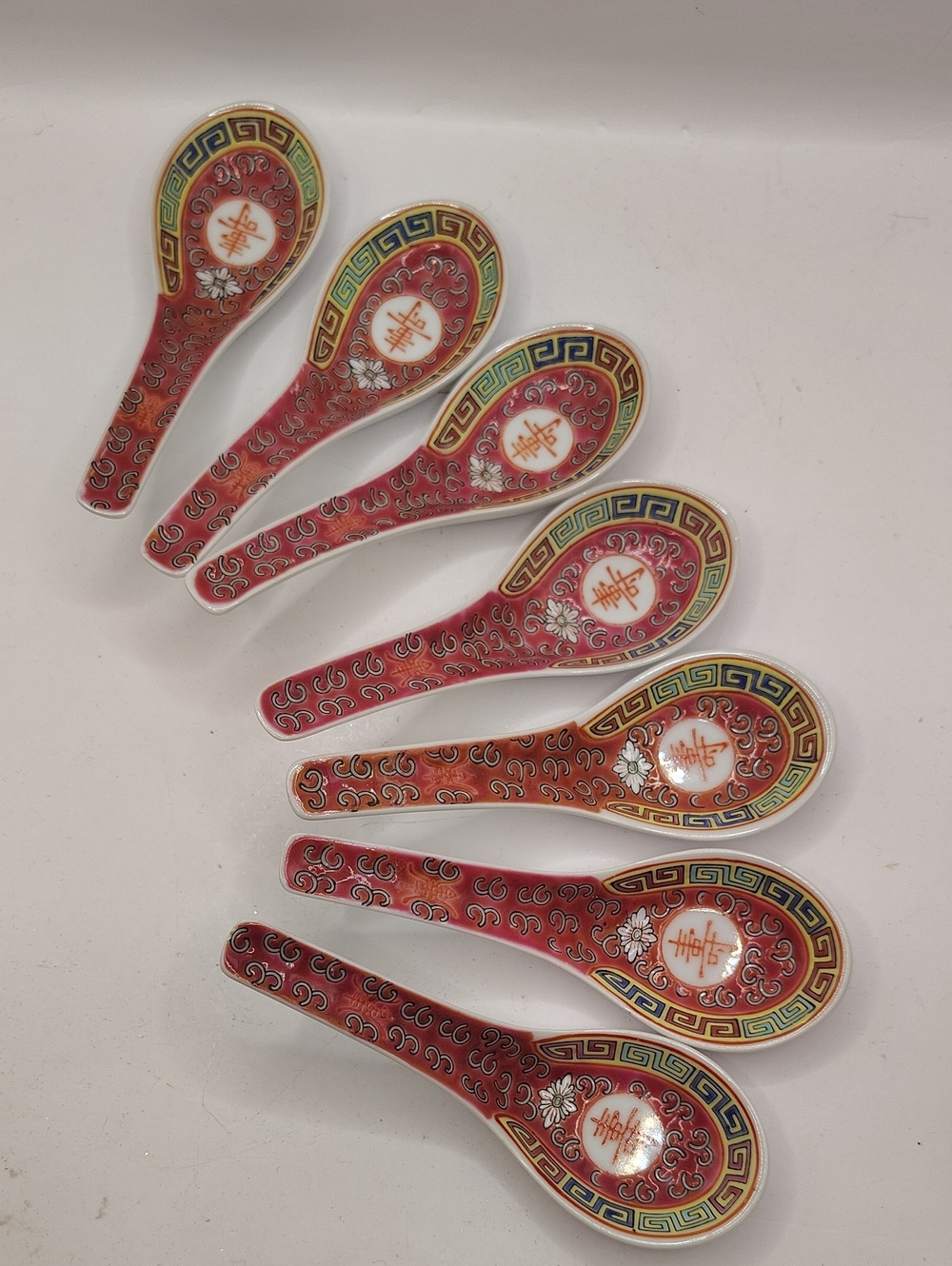 7 Vintage Chinese Mun Shou Porcelain Spoons Featuring The Classic Longevity